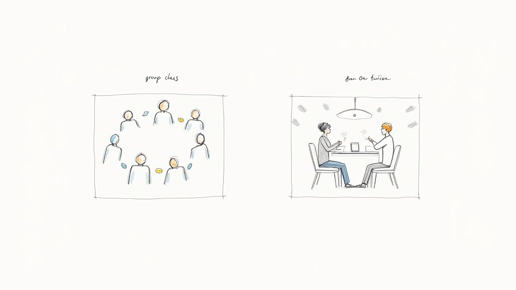 Comparison illustration showing group class setting versus one-on-one tutoring session for language learning