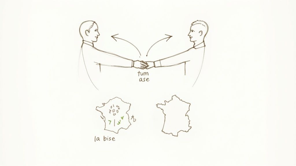 Two people greeting each other with a cheek kiss, 'la bise', in a friendly outdoor setting.