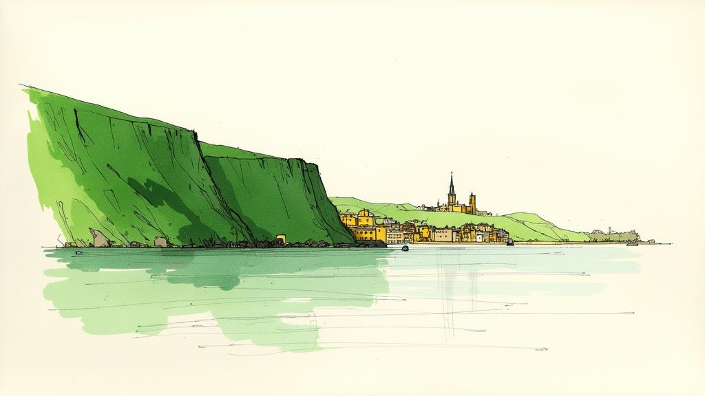 Stylized illustration of a coastal town nestled beside green cliffs and calm blue water.