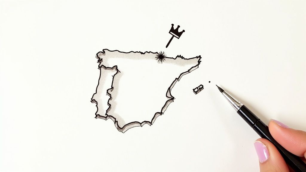 A hand drawing a map of Spain